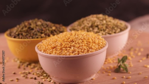 Green moong dal and green Mung bean with very healthy yellow moong daal on table,The best and most healthy lentils to eat,Indian pulse