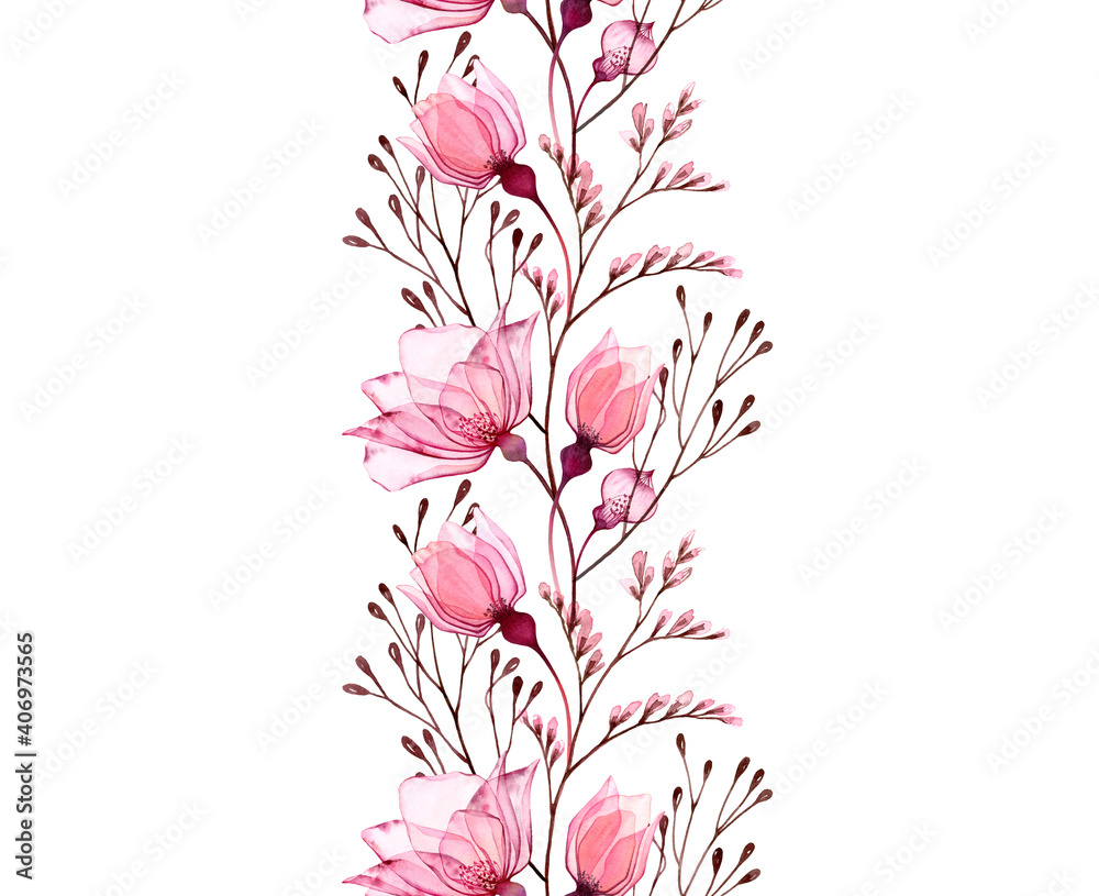 Vertical Roses Border Watercolor floral border. Seamless vertical pattern in repeat. Abstract ...