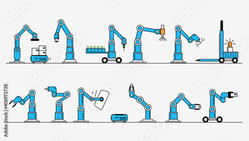 Robots collection. Different type of autonomous robots. Modern linear style illustration.
