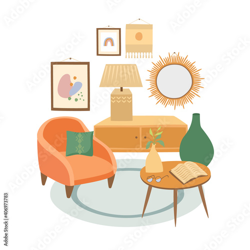 bohemian interior. boho style interior. living room. cozy corner, stay at home