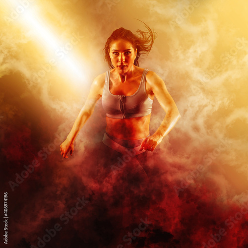 Woman running on fire background