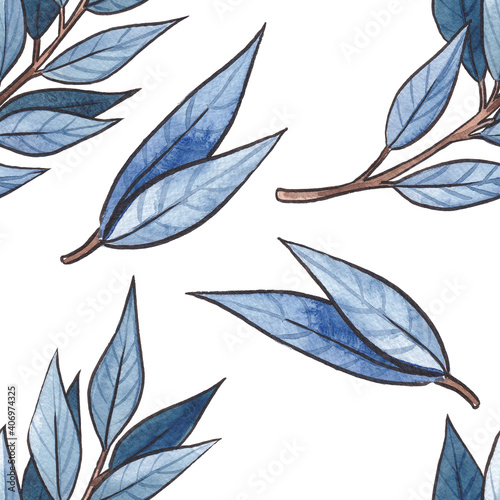 Watercolor seamless pattern with leaves, branches and flowers. Blue, turquoise, lilac and purple shades