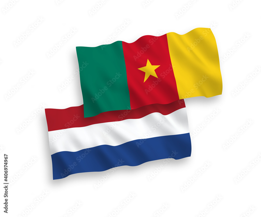 National vector fabric wave flags of Cameroon and Netherlands isolated on white background. 1 to 2 proportion.