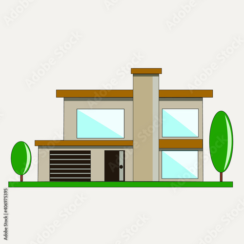 Small city. The street. Houses, courtyards, trees. Suburb. Family home. Vector isolated objects.