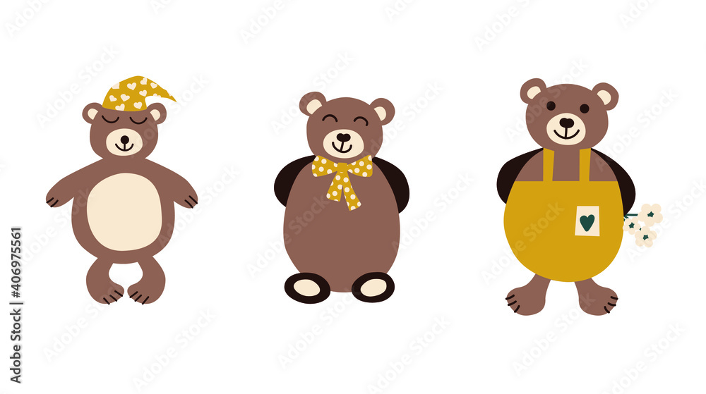 Vector Teddy bears illustration. Cute children illustration set in flat style for decor, fabric, souvenirs, wrapping paper
