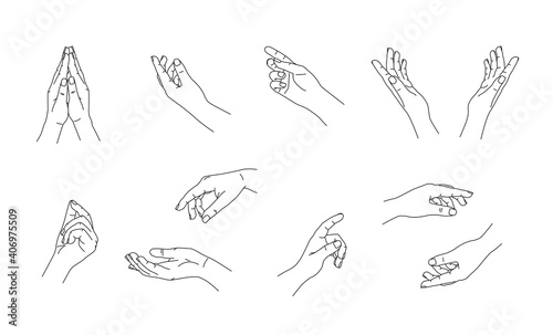 Vector illustration of black thin line set of hands gesture icons. Flat stroke modern simple linear arm logo. Graphic art design isolated on white. Beautiful female hands. Trendy minimalist style
