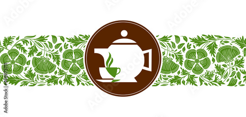 Bannière composée d’une bande florale et d’un logo rond avec une théière et une tasse de thé.
