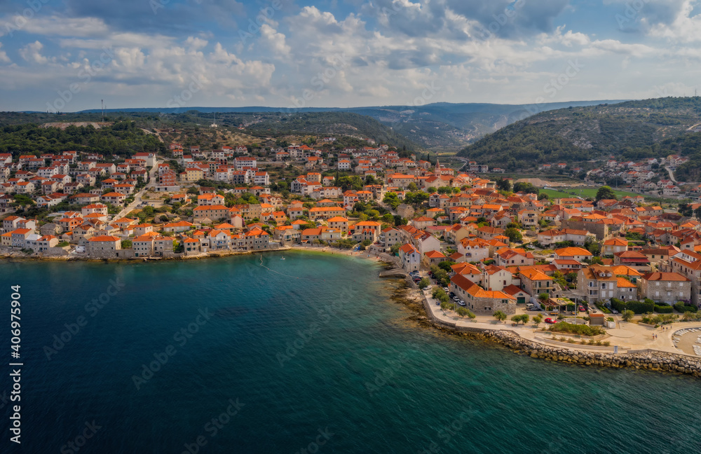 Aerial panoramic drone view on village Postira on Brac island, Croatia. August 2020