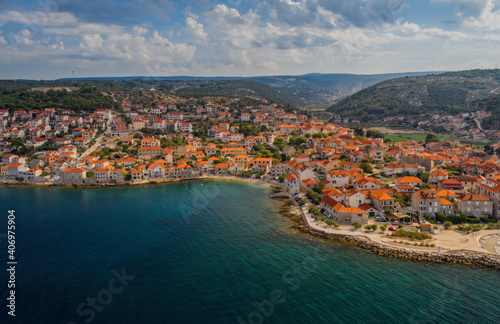 Aerial panoramic drone view on village Postira on Brac island, Croatia. August 2020