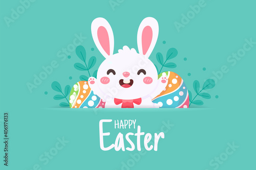 Cartoon little bunny with long ears jumping happily on the green meadow with easter eggs in spring