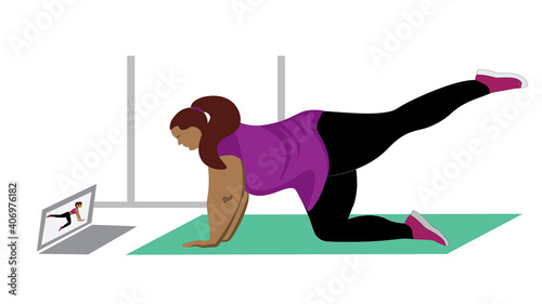 Person doing sports exercises with online trainer, home workout and active lifestyle concept, vector illustration, flat design.