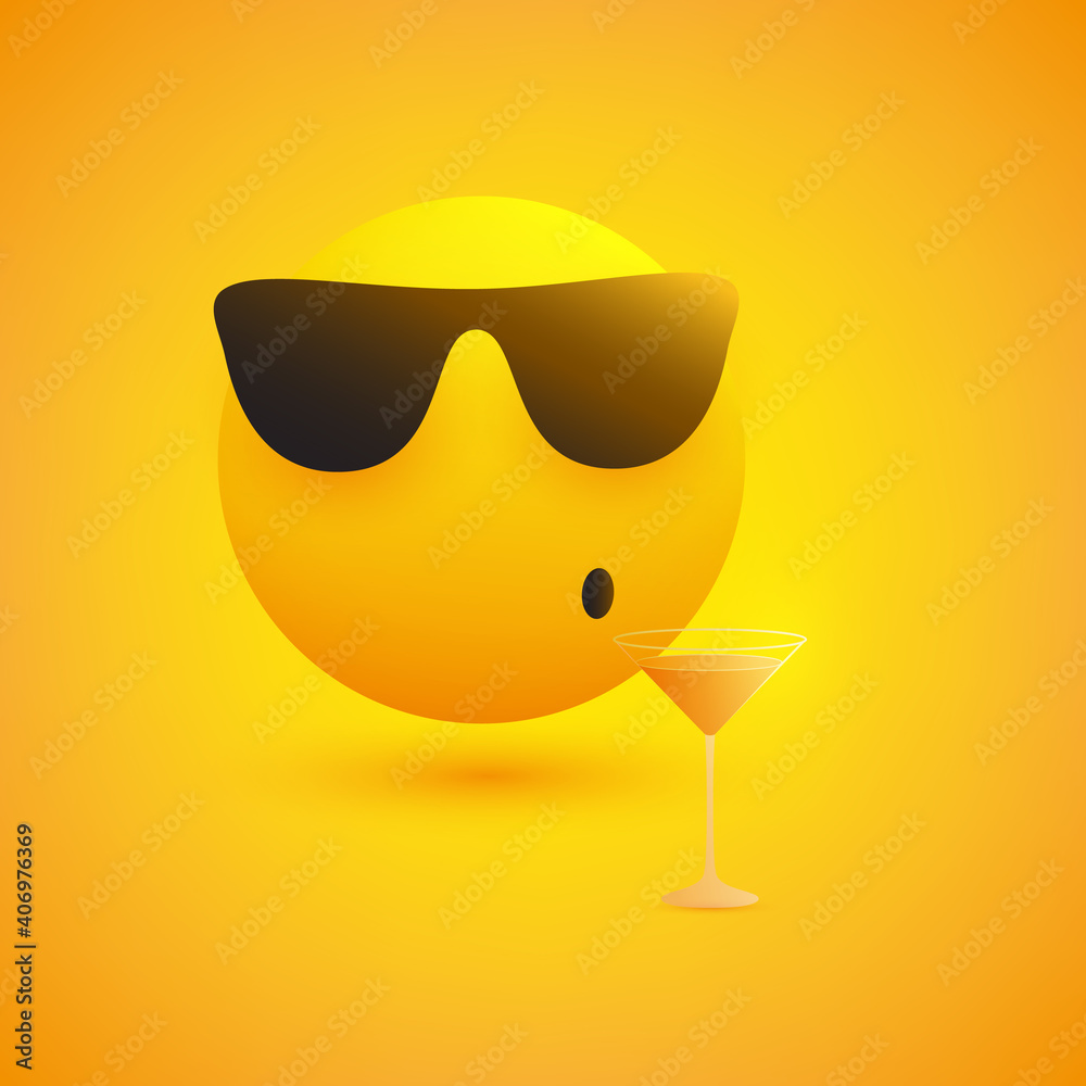 Smiling Emoji with Sunglasses Drinking Cocktail on Yellow Background