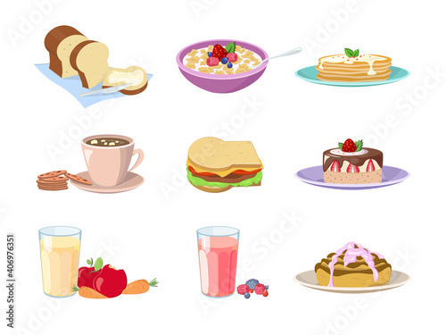 Set of cartoon food breakfast. Cafe or home food menu for traditional morning breakfasting icon isolated on white