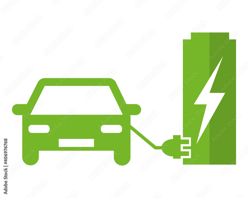 Electric car at the charging station. Green vector icon illustration pictogram. - obrazy, fototapety, plakaty 