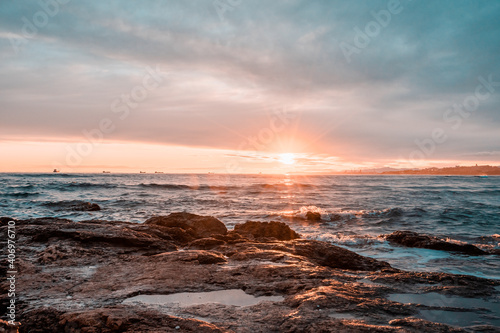 Sunset on the beach in Europe Long exposure