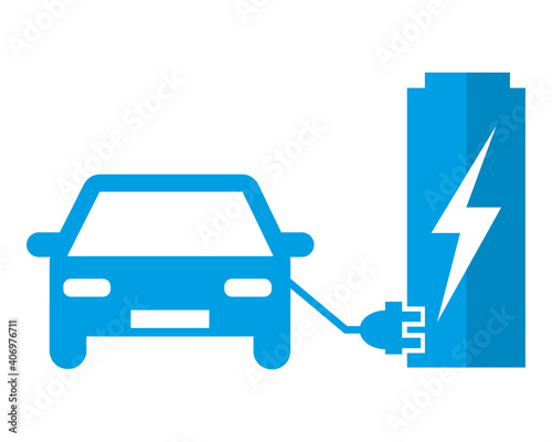 Electric car at the charging station. Blue vector icon illustration pictogram.