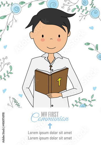 First communion card. Boy reading the bible with floral background