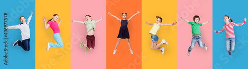 Carefree Children Jumping Posing Together On Colorful Studio Backgrounds, Collage