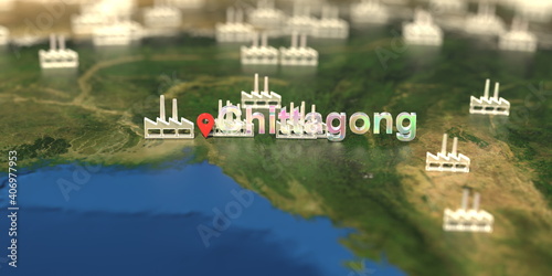 Factory icons near Chittagong city on the map, industrial production related 3D rendering