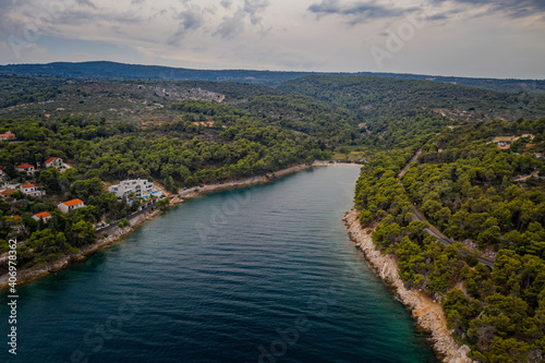 Aerial panoramic drone view on village Splitska on Brac island, Croatia. August 2020 © Сергій Вовк