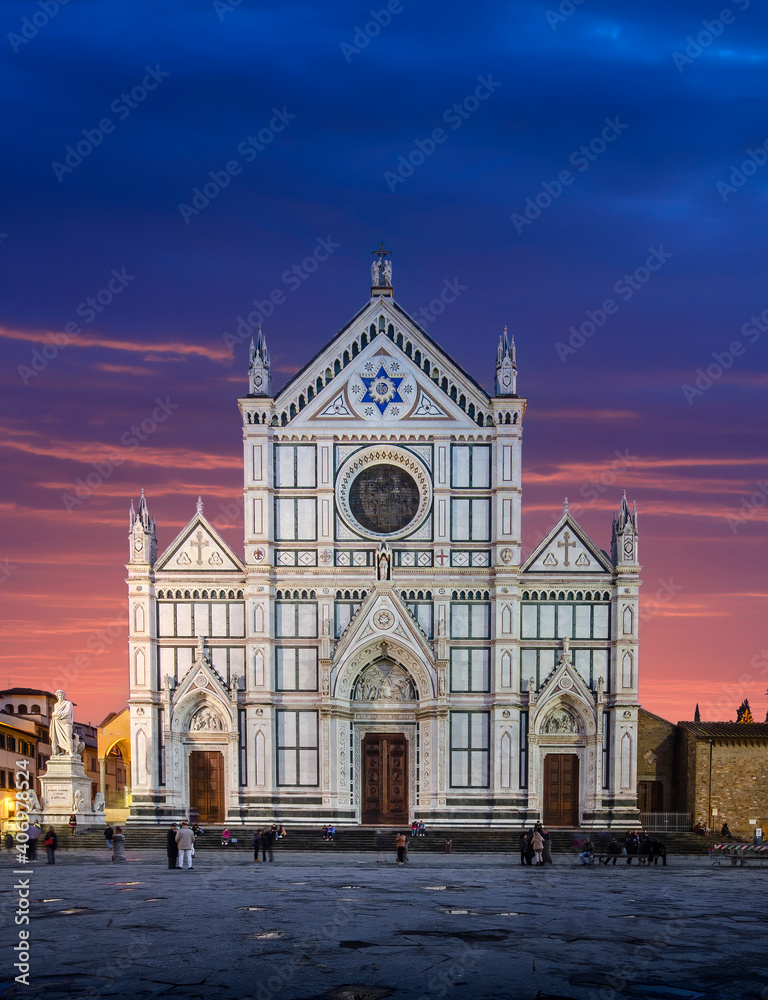 The Basilica di Santa Croce (Basilica of the Holy Cross), a Franciscan church in Florence, Italy at night. There is the tomb of Gallileo.