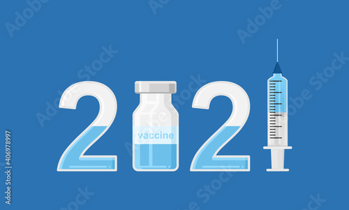 2021 year logo as vaccination campaign illustration. Antiviral covid 19 vaccine Bottle. Covid or coronavirus vaccination concept in 2021 year. Vaccine bottle and syringe among numbers