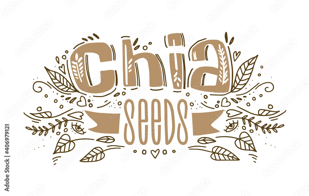 Chia seeds superfood logo vector template with handwritten lettering composition and ribbon in doodle style for package, brand. Healthy food.