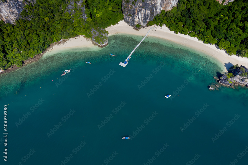 amazing Thailand high season beautiful seascape aerial view ao nang beach island and long tail boat sailing at kra bi Thailand
