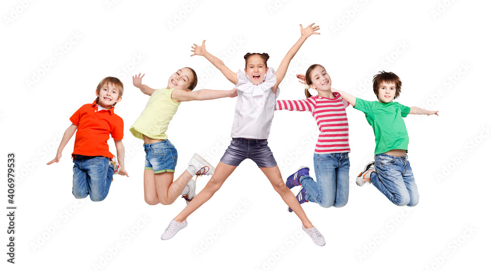 Carefree Kids Jumping Having Fun On White Background, Panorama, Collage Carefree Kids Jumping Having Fun On White Background, Panorama, Collage