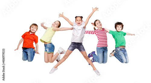 Carefree Kids Jumping Having Fun On White Background, Panorama, Collage