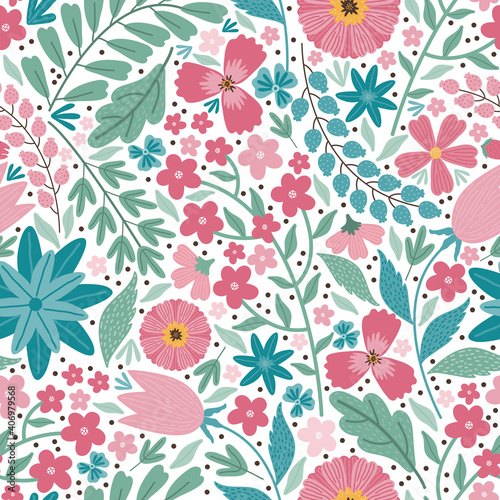 Blooming midsummer meadow seamless pattern. Floral background of colorful flowers, buds, leaves, stems. Lot of different flowers on the field. Liberty millefleurs. Scandinavian style art florals.