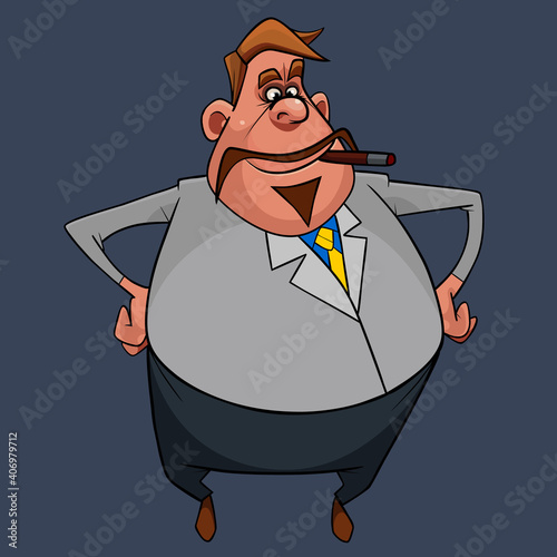 cartoon character mustachioed fat man with a cigar in his mouth stands akimbo