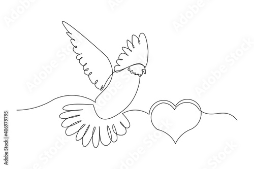 Continuous line drawing of dove symbol of love and piece. Single one line art of shape love and pigeon. vector illustration