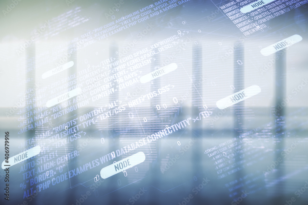 Multi exposure of abstract creative coding sketch and world map on empty corporate office background, artificial intelligence and neural networks concept Multi exposure of abstract creative coding sketch and world map on empty corporate office background, artificial intelligence and neural networks concept