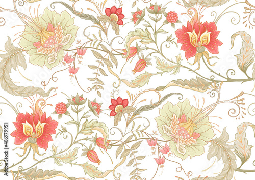 Seamless pattern with stylized ornamental flowers in retro  vintage style. Jacobin embroidery. Colored vector illustration isolated on white background.