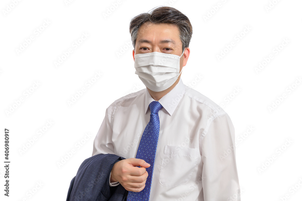 Portrait of a middle-aged Asian businessman wearing a white face mask. White Background. Covid19, Health, and Business Concepts. Portrait of a middle-aged Asian businessman wearing a white face mask. White Background. Covid19, Health, and Business Concepts.