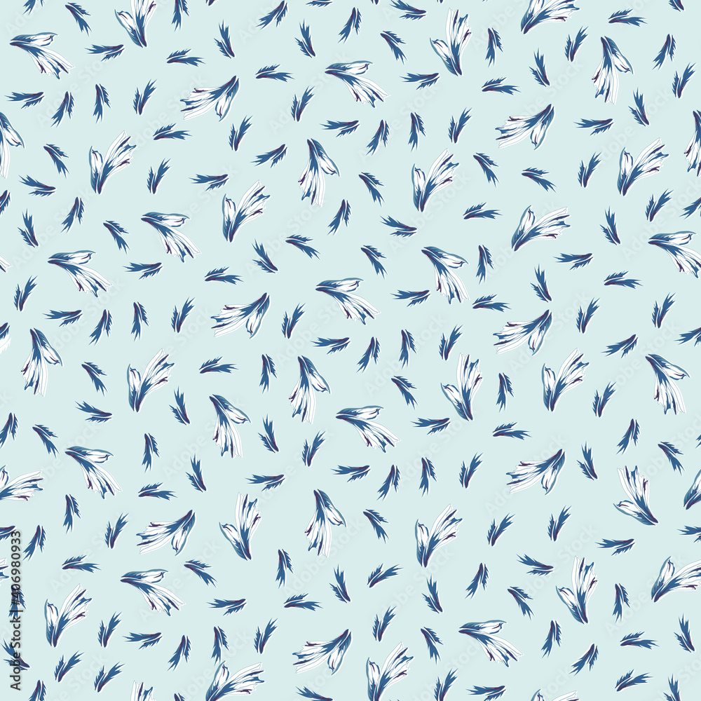 Fototapeta premium White and blue feathers on a light blue background, seamless abstract pattern with small ornaments.
