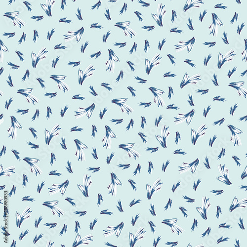 White and blue feathers on a light blue background, seamless abstract pattern with small ornaments.