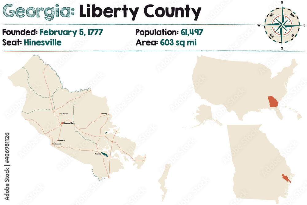 Large and detailed map of Liberty county in Georgia, USA.