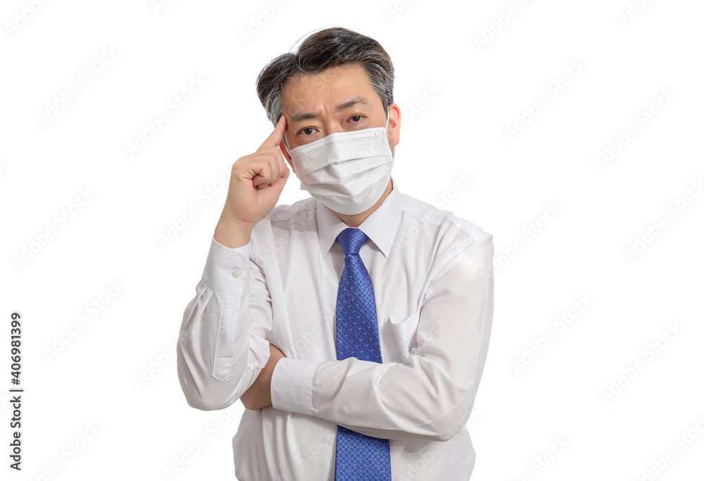 Portrait of a middle-aged Asian businessman wearing a white face mask. White Background. Covid19, Health, and Business Concepts. Portrait of a middle-aged Asian businessman wearing a white face mask. White Background. Covid19, Health, and Business Concepts.