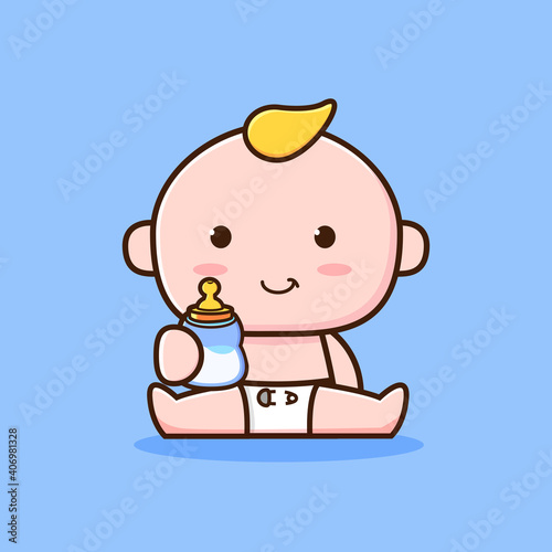 cute baby boy sitting wearing a diaper,baby carrying a milk pacifier . cute baby vector illustration