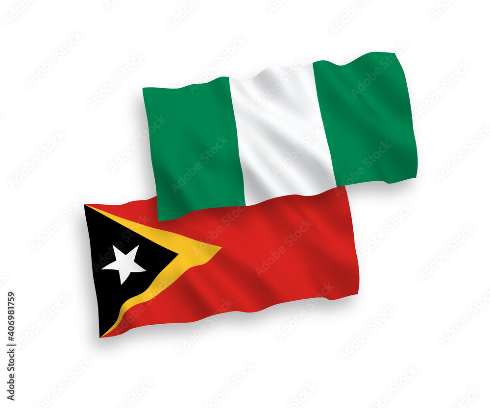 National vector fabric wave flags of East Timor and Nigeria isolated on white background. 1 to 2 proportion.