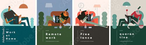 Men and girls working at home on the couch with a laptop. Freelance. Remote work at home in quarantine. Stay home. Vector illustration in flat cartoon style. Set of illustrations