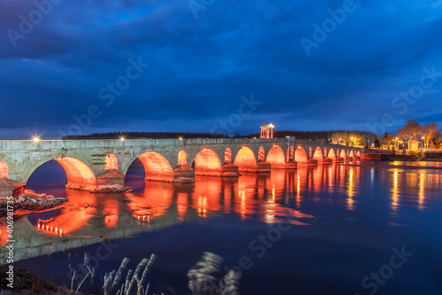 Meric Bridge night view in Edirne City of Turkey photo