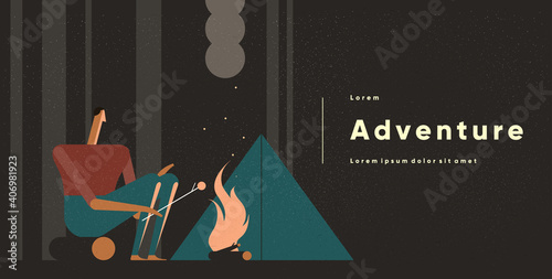 A man sitting by the fire, camping. People, adventure and tourism. Vector illustration in flat cartoon style.