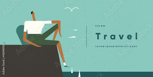 The man looks at the sea. People, adventure and tourism. Vector illustration in flat cartoon style.