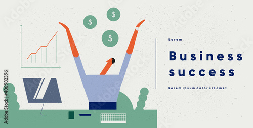Business concept illustrations. A man is happy with his business success, looks at the statistics in the monitor. Vector illustration in flat cartoon style.