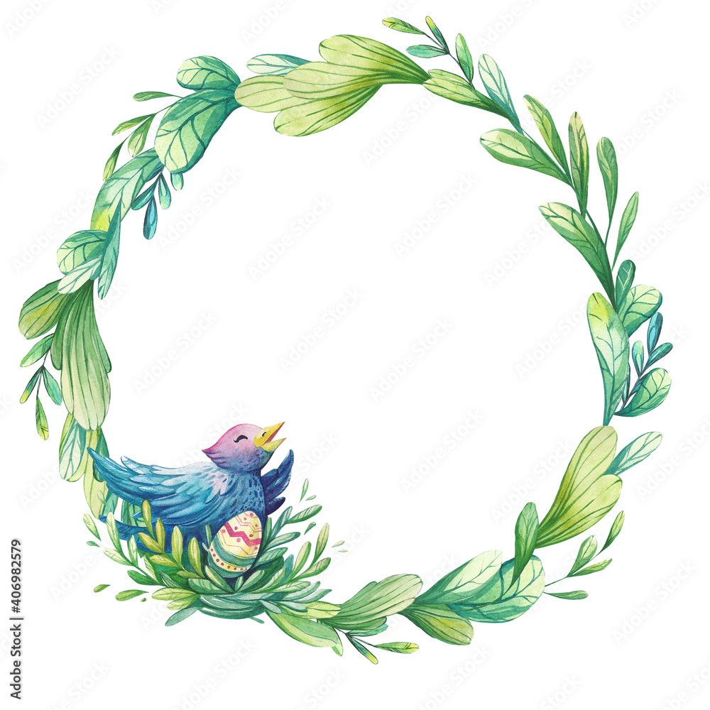 Naklejka premium Watercolor wreath of green leaves and bird in a nest. Decorative round frame for invitations, covers, notebooks. Easter hand drawn illustration isolated on white background.