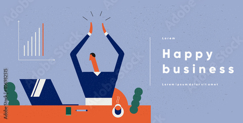 Business concept illustrations. A man is happy with his business success, looks at the statistics in the monitor. Vector illustration in flat cartoon style.