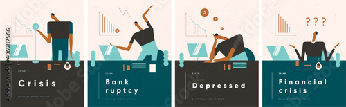 Business concept illustrations. Business problems, a man looks at the monitor for bad statistics. Set of illustrations, bankruptcy, financial crisis. Vector illustration in flat cartoon style.